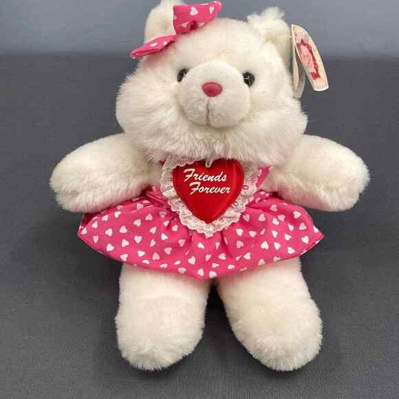 VTG Valentine Teddy Bear Plush Stuffed Animal White Pink Hearts Skirt 12" New - Picture 1 of 12
